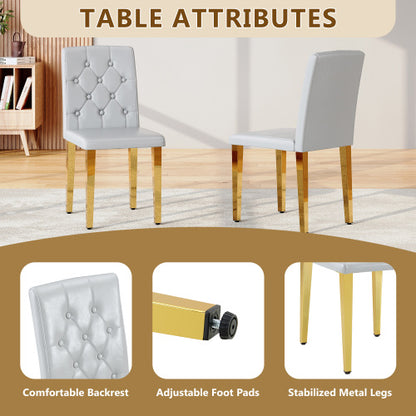 Set of 2 Light Grey PU Dining Chairs, Ergonomic Buckle Backrest, Gold Metal Legs, 35 inch  High