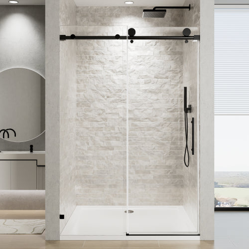56"-60" W x 76" H Frameless Single Sliding Soft-Close Matte Black Shower Door with 5/16" (8mm) Clear Nano-Coated Tempered Glass and Stainless Steel Handle