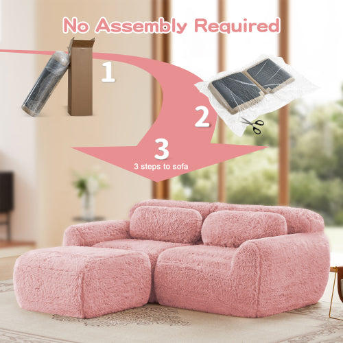Pink L-Shaped Plush Boneless Sofa with Chaise,32D Sponge,Throw Pillows,No Assembly