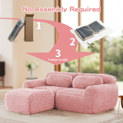 Pink L-Shaped Plush Boneless Sofa with Chaise,32D Sponge,Throw Pillows,No Assembly