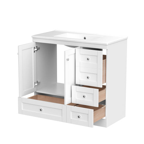 36 inch Shaker Style Free-Standing Bathroom Vanity Cabinet with Ceramic Sink, 4 Soft-close Drawers and 2 Soft-close doors
