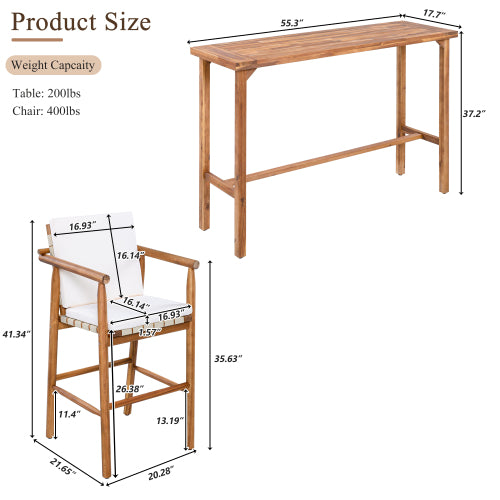 3 Piece Outdoor Bar Set, Patio Acacia Wood Bar Height Table & 2 Stools with Cushions, Wood Dining Bar Set for Backyard, Poolside, Balcony, Beige Cushions