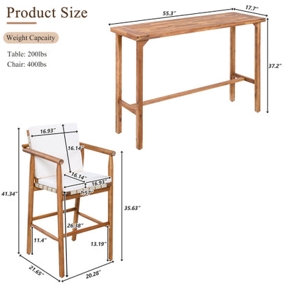 3 Piece Outdoor Bar Set, Patio Acacia Wood Bar Height Table & 2 Stools with Cushions, Wood Dining Bar Set for Backyard, Poolside, Balcony, Beige Cushions