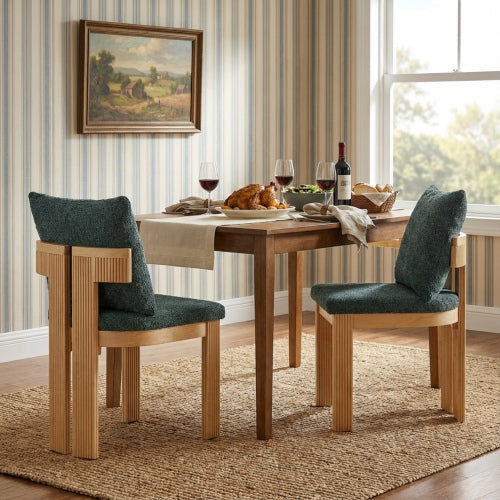 Set of 2 Green Boucle Fabric Dining Chairs, Rubber Wood Frame 250lbs Weight Capacity
