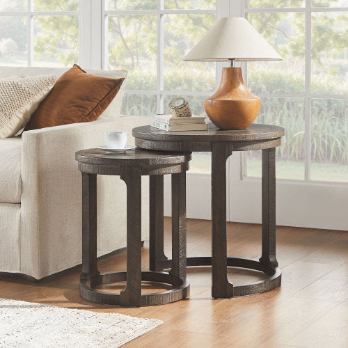 2PCS Solid Wood Round Side Table Set Mid Century Nesting Coffee Table Brown