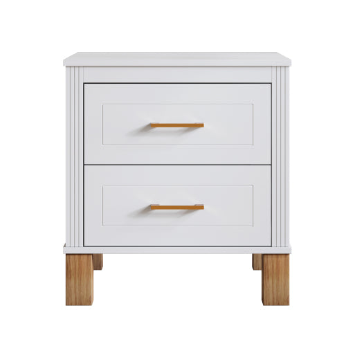 White Fluted Nightstand, 2-Drawer Bedside Table with Metal Handles & Solid Wood Legs