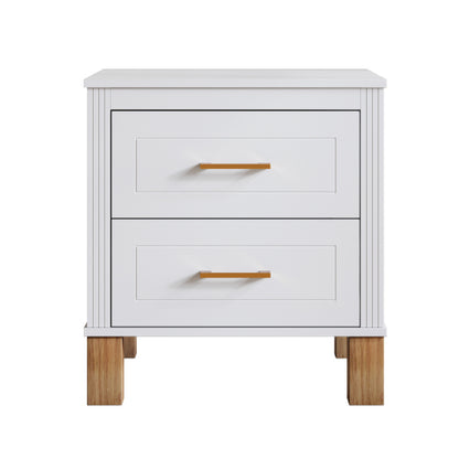 White Fluted Nightstand, 2-Drawer Bedside Table with Metal Handles & Solid Wood Legs