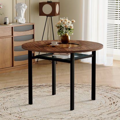 Round Wood Grain Dining Table with Glass Inlay & Glass Shelf
