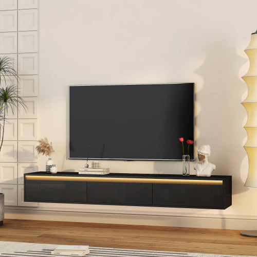 Black Wall Mount High Gloss Floating TV Cabinet with Touch LED Strip & Power Outlet