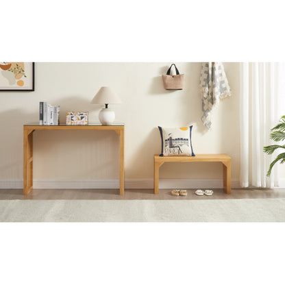 Natural Pine Dining Long Bench and Table Set – Versatile Indoor Wood Furniture for Entryway, Living Room, Kitchen, and Bedroom – Includes Small Tempered Glass Top