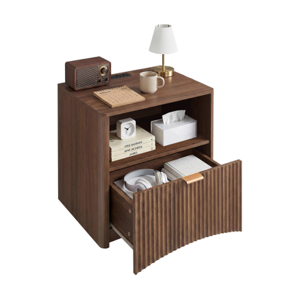 Set of 2 Walnut Mid-Century Nightstands with Charging Station