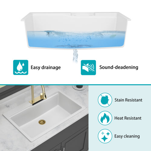 Drop In Waterfall Kitchen Sink - 33" x 22" x 10" White Composite Granite Quartz Single Bowl Workstation kitchen sink with Pull-Down Faucet