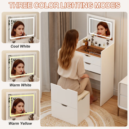 3-in-1 Multifunctional Vanity Desk Set, Flip-Up Mirror, 3-Color Lights, 2 Drawers, Hidden Storage Stool, Pink