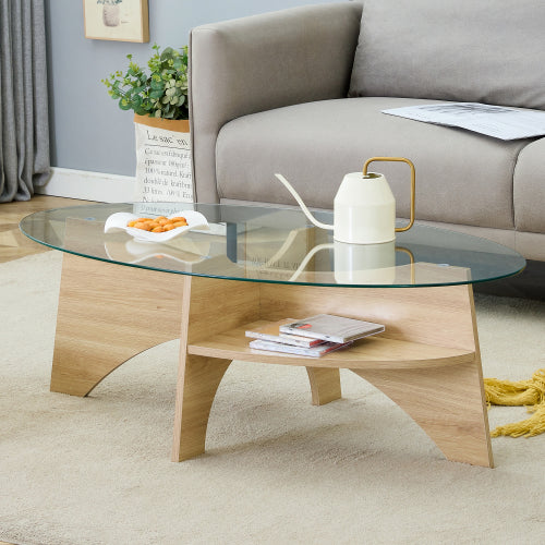Oval Tempered Glass Coffee Table 41.3 Inch Wood Grain Legs Modern Accent
