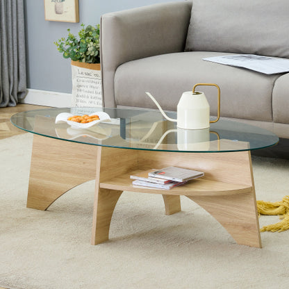 Oval Tempered Glass Coffee Table 41.3 Inch Wood Grain Legs Modern Accent