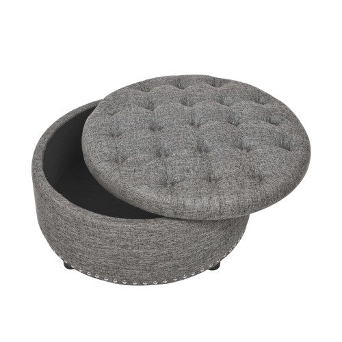 Ottoman Tufted Storage Ottoman with Linen Upholstery and Nailhead Trim