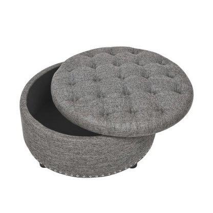 Ottoman Tufted Storage Ottoman with Linen Upholstery and Nailhead Trim