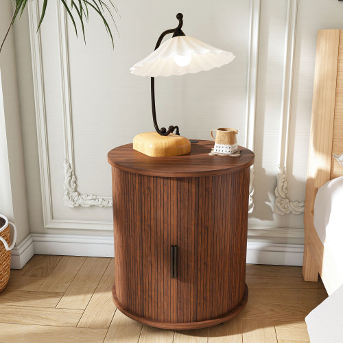 Walnut Cylinder Nightstand, Mid-Century Round Side Table with Charging Station & Sliding Door