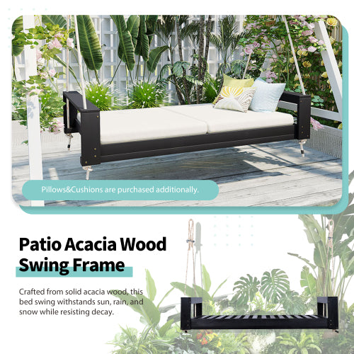 Twin Size Porch Swing Bed Seating Group, Patio Acacia Wood Swing Frame with Hemp Ropes for Garden, Backyard, Black