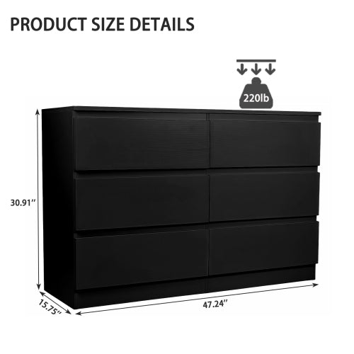 6 Drawer Black Dresser, Modern Bedroom Dresser with Spacious Countertop, Wood Storage Cabinet with Concealed Handles & 6 Deep Drawers for Bedroom, Living Room, Entryway, 15.7" D x 47.2" W x 30.9" H