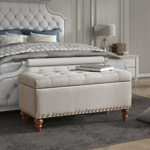 36.61 inch Linen Storage Ottoman Bench with Safety Hinge, Beige