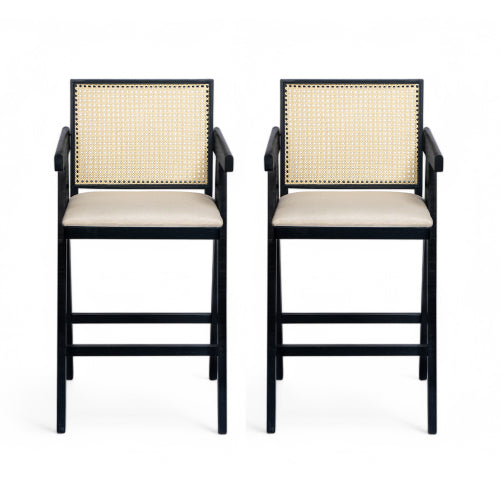 27inch Height, Cream Grey Woven Cane Plastic Backrest Bar Stool - Foam-Padded Fabric Seat & Durable Rubberwood Frame