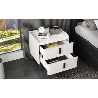 Nightstand with 2 Drawers, Night Stand with Marble-Pattern Tabletop, Modern Beside Table for Bedroom, End Table for Living Room, White