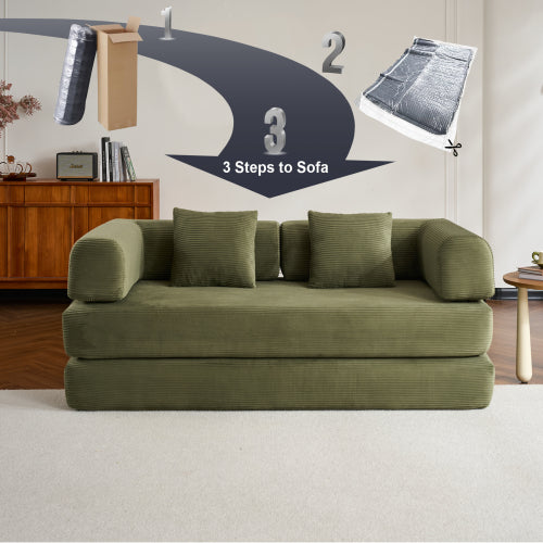 Green Corduroy Convertible Sleeper Sofa Bed with Cylindrical Pillow