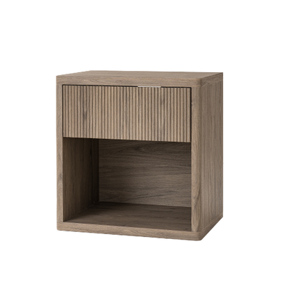 Grey Alder Fluted Nightstand, EPA Certified Engineered Wood Mid-Century Side Table with Drawer & Open Compartment
