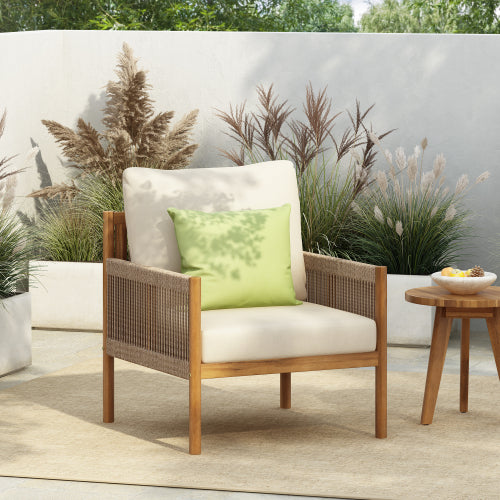 Modern Outdoor Woven Lounge Chair with Solid Wood Frame and Comfortable Polyester Cushions, Perfect for Patio, Garden, or Balcony