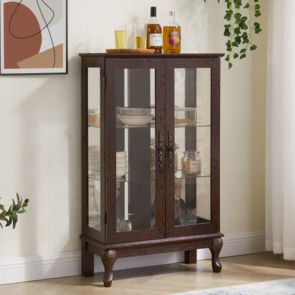 Cherry Lighted Tempered Glass Curio Cabinet Mirrored Back Panel Adjustable Shelf Vintage Metal Handle Home Display Cabinet