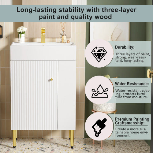 21.6" White Bathroom vanity, Combo Cabinet, Bathroom Storage Cabinet, Single Ceramic Sink, Right Side Storage