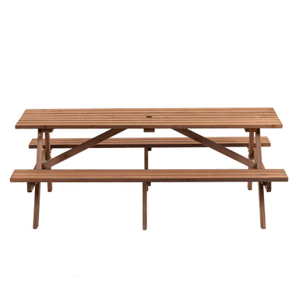 8 Person Brown Wooden Picnic Table, Outdoor Camping Dining Table with 2 Seats, Garden, DIY with 2 Built-in Benches, 2220lb Capacity