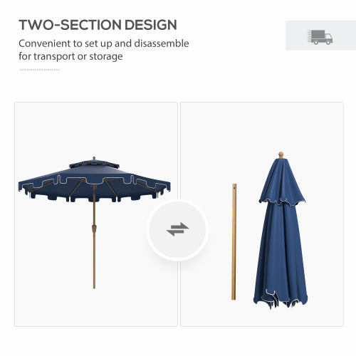 9' Patio Umbrella with Push Button Tilt and Crank, Double Top Ruffled Outdoor Market Table Umbrella with 8 Ribs, for Garden, Deck, Pool, Dark Blue