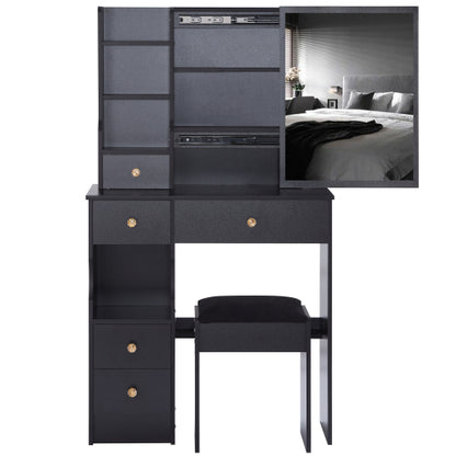 White 29.2 inch  Small Space Left Drawer Desktop Vanity Table + Cushioned Stool, Extra Large Right Sliding Mirror