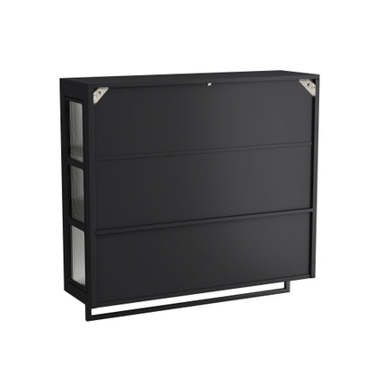 Bathroom Wall Cabinet, 3-Door Wooden Wall Cabinet with Open and Hidden Storage Space, Medicine Cabinet with Glass Door and Towel Bar for Entryway Living Room Bathroom Dining Room,Black