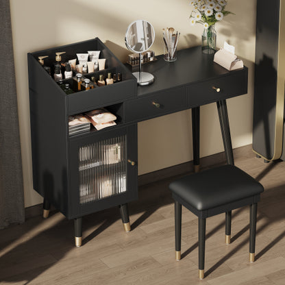 Black Space Saving Vanity Desk Set with Stool, Built?in Charging Station, Drawers & Tempered Glass Cabinet
