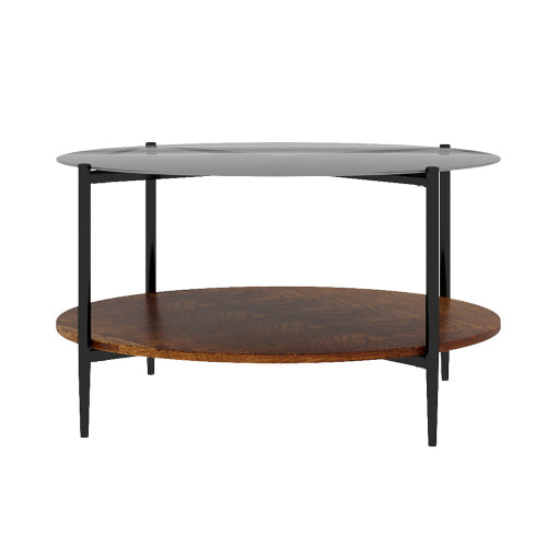 Mid Century Round Coffee Table Glass Top Wood Shelf Metal Frame Living Room Table