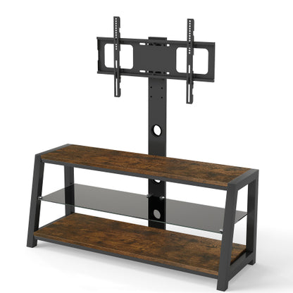 Rustic Brown Swivel TV Stand, Black Tempered Glass Height Adjustable Cart with Power Outlets for 32-65 Inch TV