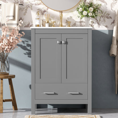 24-inch bathroom vanity with integrated undermount basin and a storage cabinet featuring 2 doors and 1 drawer. Includes double-layer door shelf, soft-close design, and versatile storage solutions