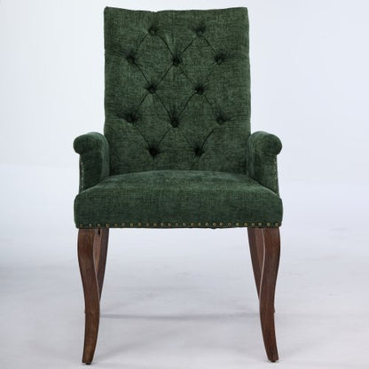 Single Olive Green Chenille Tufted Arm Dining Chair, Curved Hand Sanded Solid Wood Legs 300lbs Capacity