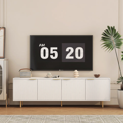 White Fluted 68 inch TV Stand with Storage Cabinets and Gold Legs