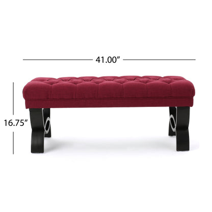 Red Tufted Ottoman Bench with Diamond Stitching and Half Circle Legs