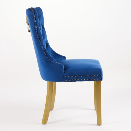 Mid-Century Modern Velvet Dining Chairs Set of 2 with Lion Head Pull Ring, Tufted Upholstered Chair, Blue