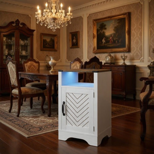 LED Nightstand with Charging Station, White & Rustic Oak Farmhouse Bedside Table 16inch x 16inch x 25inch