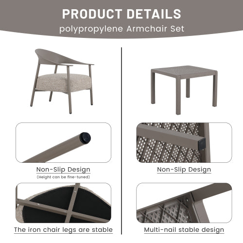 Holiday - Modern 2-Piece Accent Chair Set with Coffee Table – Warm Grey PP & Steel Frame Sofa Set, Soft Cushioned Seating for Living Room, Lounge, Balcony (2 Chairs + 1 Table)