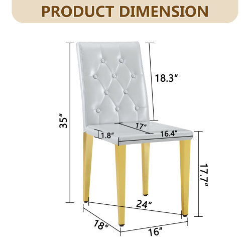 Set of 2 Light Grey PU Dining Chairs, Ergonomic Buckle Backrest, Gold Metal Legs, 35 inch  High