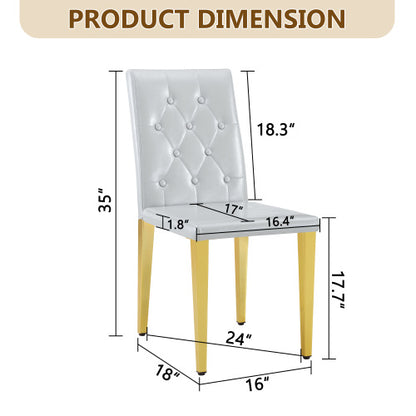 Set of 2 Light Grey PU Dining Chairs, Ergonomic Buckle Backrest, Gold Metal Legs, 35 inch  High
