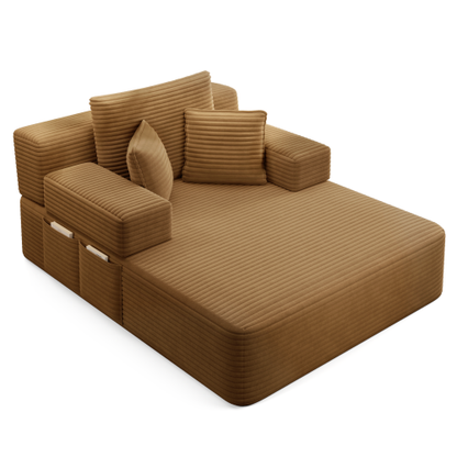 Camel Oversized Plush Corduroy Frameless Convertible Chaise Sofa Bed w/Storage Pockets & 3 Pillows