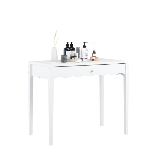White 35.43inch  Vanity Desk with Drawer ¨C Modern Makeup Table with Scalloped Front & Gold Knob, Compact Writing Desk with 4 Sturdy Legs for Bedroom, Small Home Office & Apartment Spaces